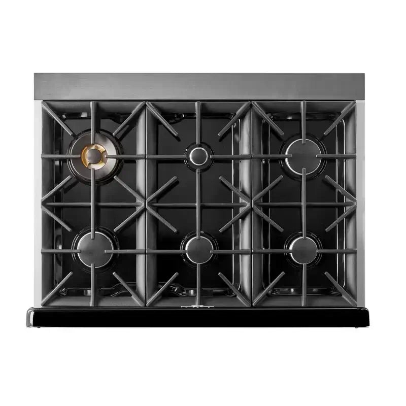 Top view of UNIQUE Classic Retro 36” Pro Convection Gas Range with electronic ignition and durable cast iron grates.
