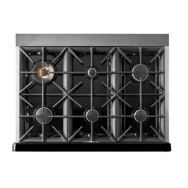 Top view of UNIQUE Classic Retro 36” Pro Convection Gas Range with electronic ignition and durable cast iron grates.