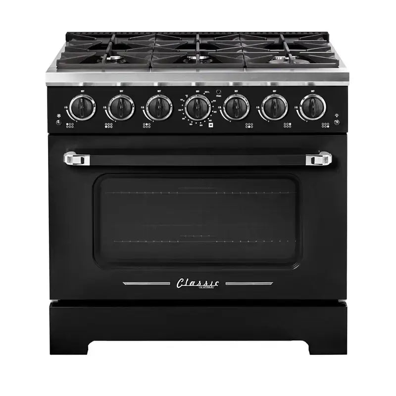 Unique Classic Retro 36” Pro Convection Gas Range with black finish and chrome accents, featuring zinc cast handles.