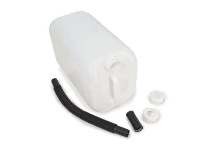 Alt Tag: Biolan 25L Canister for dry toilet urine collection, available at Cabin Depot with hose and fittings for efficient waste management.
