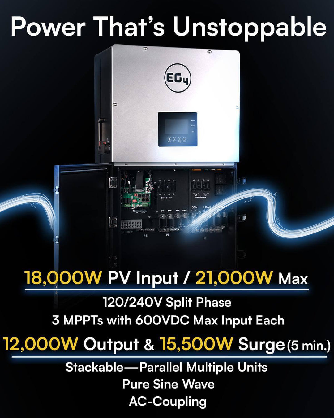 EG4 18kPV Hybrid Inverter with 18,000W PV input, 21,000W max, stackable, pure sine wave, for off-grid B2B solar projects.