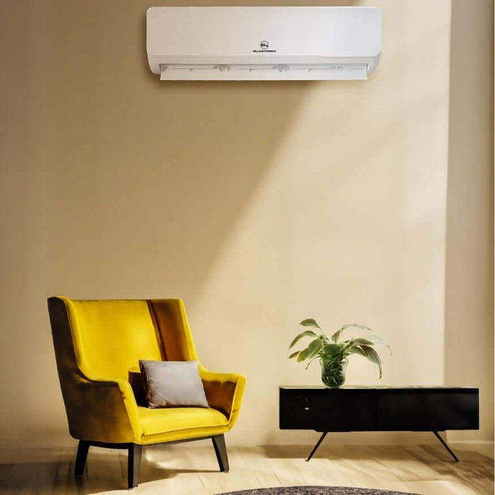 EG4 Hybrid AC/DC Mini Split 24000 BTU in modern living room, Off-Grid Distribution energy-efficient HVAC for B2B wholesale.