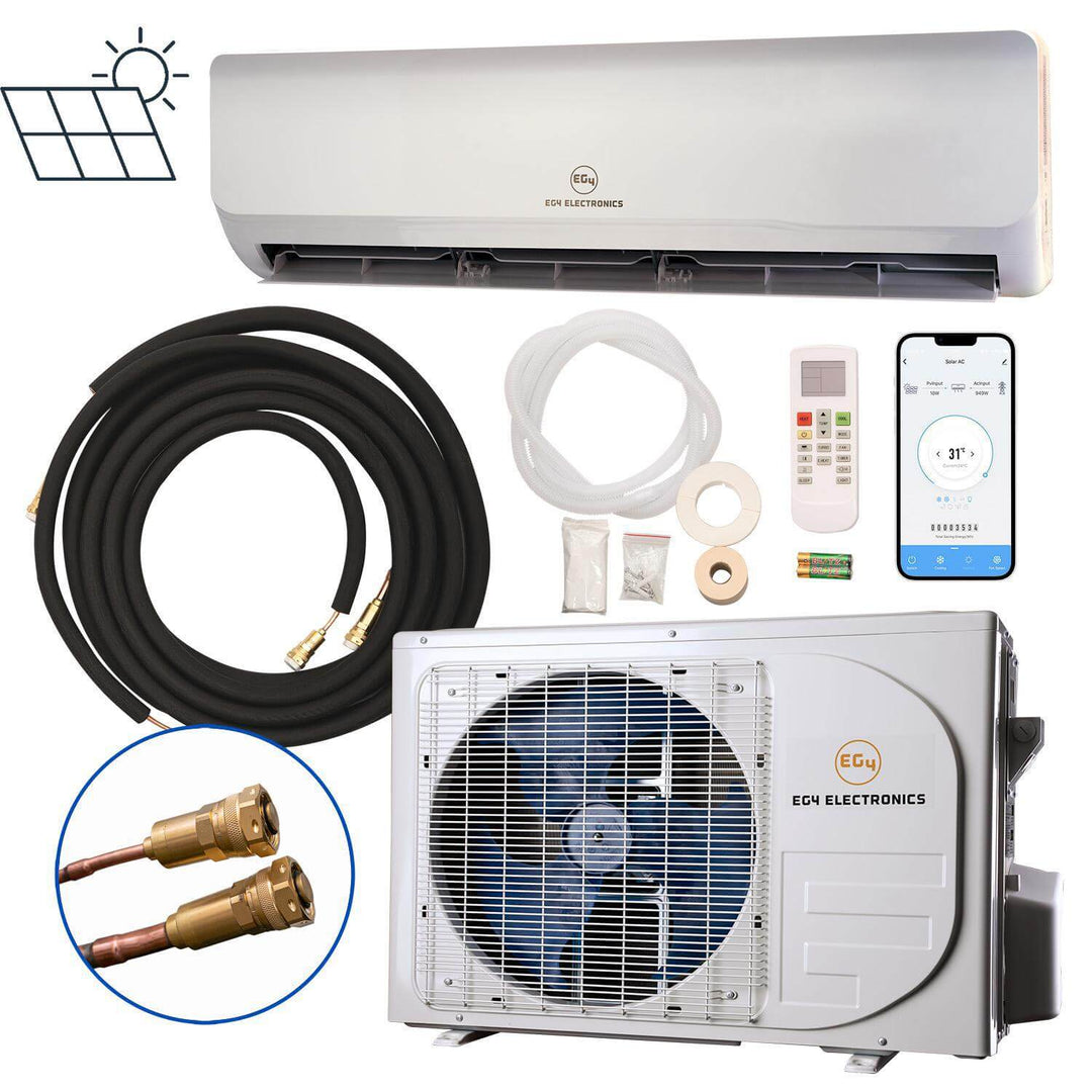 EG4 Hybrid AC/DC Mini Split 24000 BTU by Off-Grid Distribution with accessories, energy-efficient solar air conditioner for B2B.