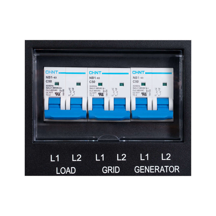 Electrical panel with load, grid, generator switches for off-grid systems