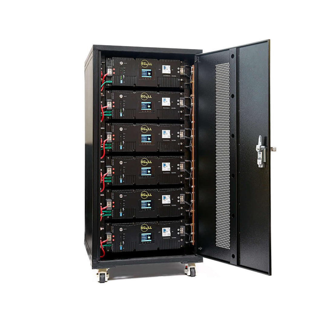 EG4 6 slot enclosed battery rack by Off-Grid Distribution featuring lockable door and vented panel for secure B2B wholesale storage.