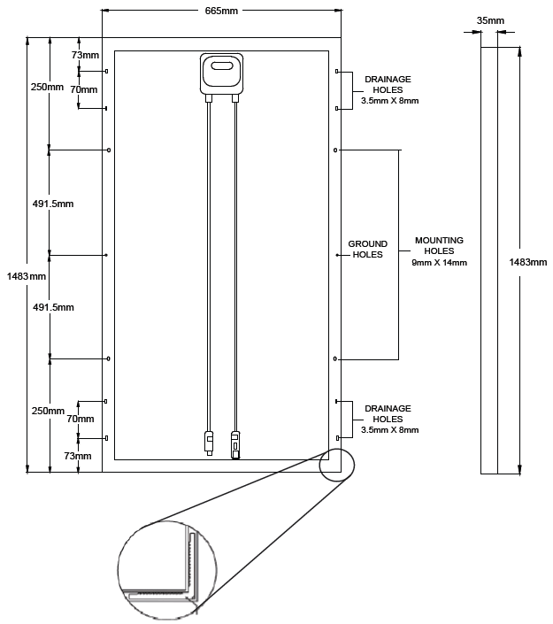GMA Solar 150W Poly Solar Panel technical drawing with dimensions for installation, including Cabin Depot details.