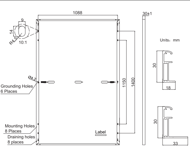 Technical diagram of JA Solar 405W Mono Solar Panel dimensions and mounting details, showing grounding, mounting, and draining holes.