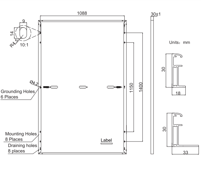 Technical diagram of JA Solar 405 Watt Mono Solar Panel with dimensions in millimeters, highlighting grounding and mounting holes.