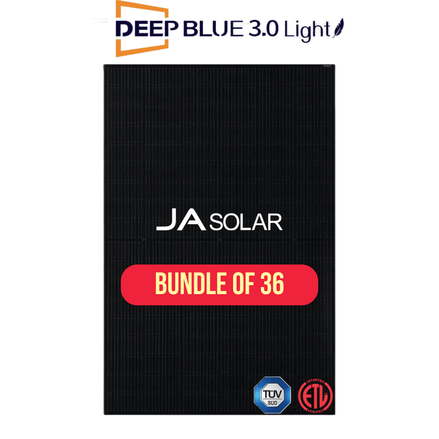 "JA Solar 405W Mono Solar Panels Bundle of 36 with sleek black design and half-cell technology for high power output"