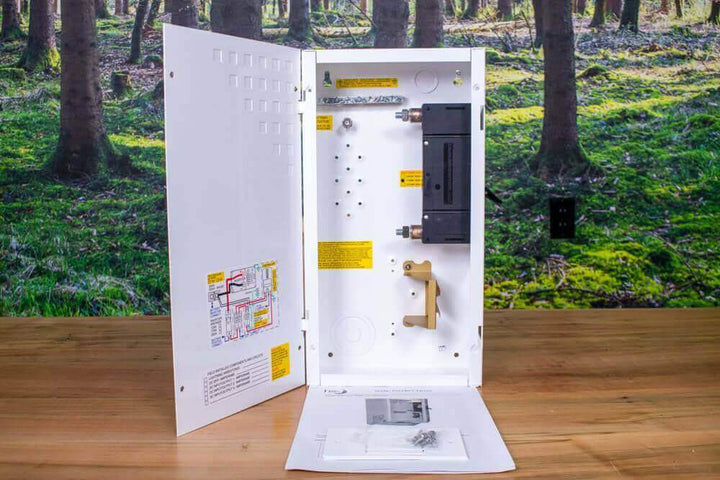 MidNite 250A Mini DC Disconnect with aluminum chassis open in forest setting, showcasing breaker slots.