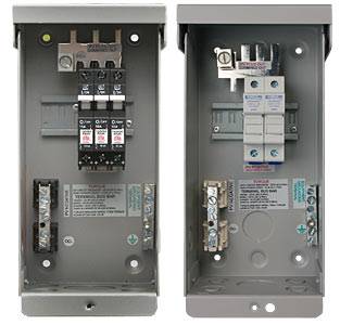 MidNite MNPV3 PV Combiner Box for Off-Grid Distribution, gray aluminum type 3R enclosure, with breakers and bus bars.