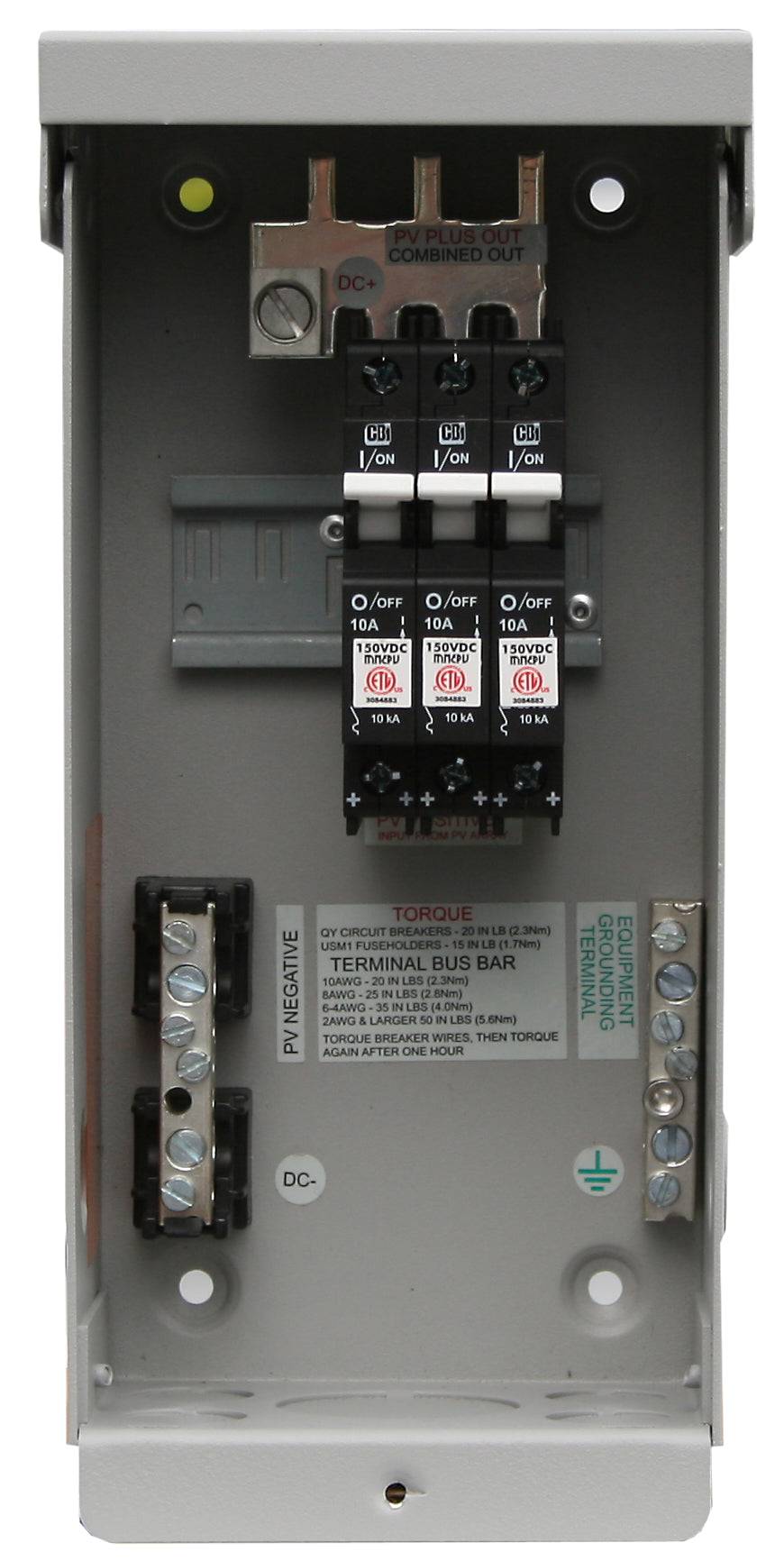 MidNite MNPV3 PV Combiner Box with breakers by Off-Grid Distribution, gray aluminum type 3R enclosure for 100-150 VDC systems.