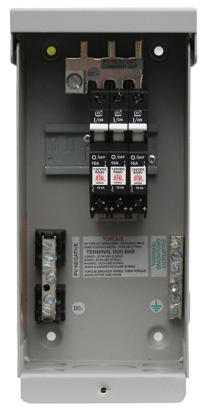 MidNite MNPV3 PV Combiner Box with breakers by Off-Grid Distribution, gray aluminum type 3R enclosure for 100-150 VDC systems.