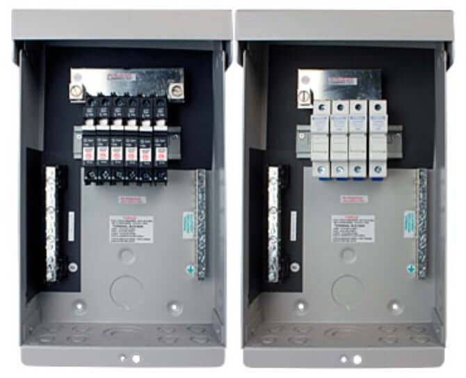 MidNite MNPV6 PV Combiner Box with breakers and fuse holders, gray aluminum type 3R enclosure, Off-Grid Distribution wholesale.