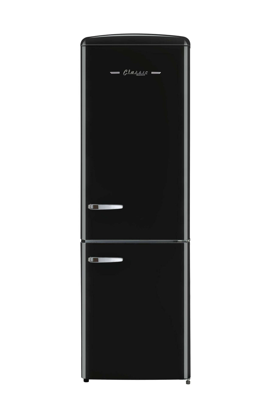 Classic Retro Unique 12 cu. ft. black bottom-mount refrigerator with sleek design and ample storage space.