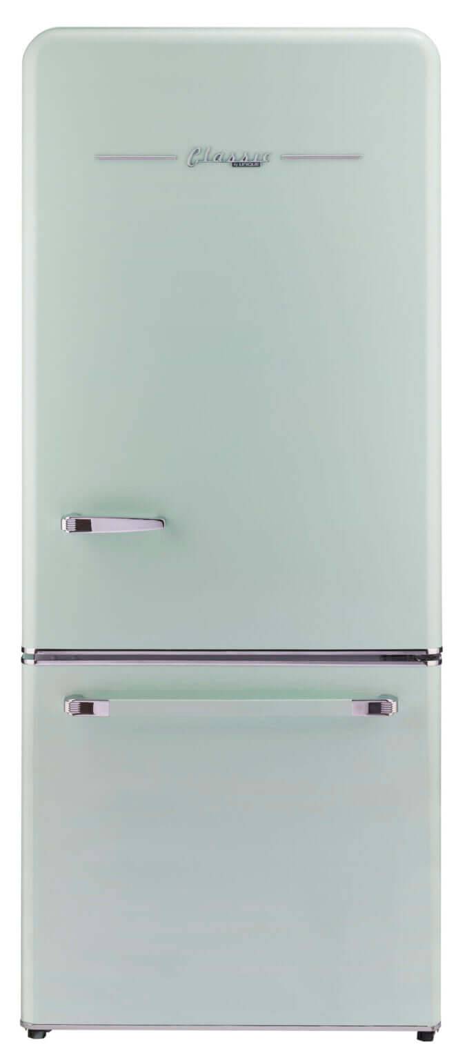 Unique Classic Retro 18 cu. ft. bottom-mount refrigerator in mint green with energy-efficient design and intuitive control panel.