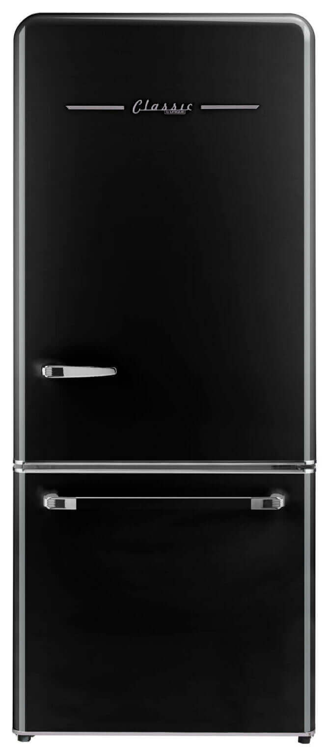 Classic Retro 18 cu. ft. black bottom-mount refrigerator with vintage design and energy-efficient features.