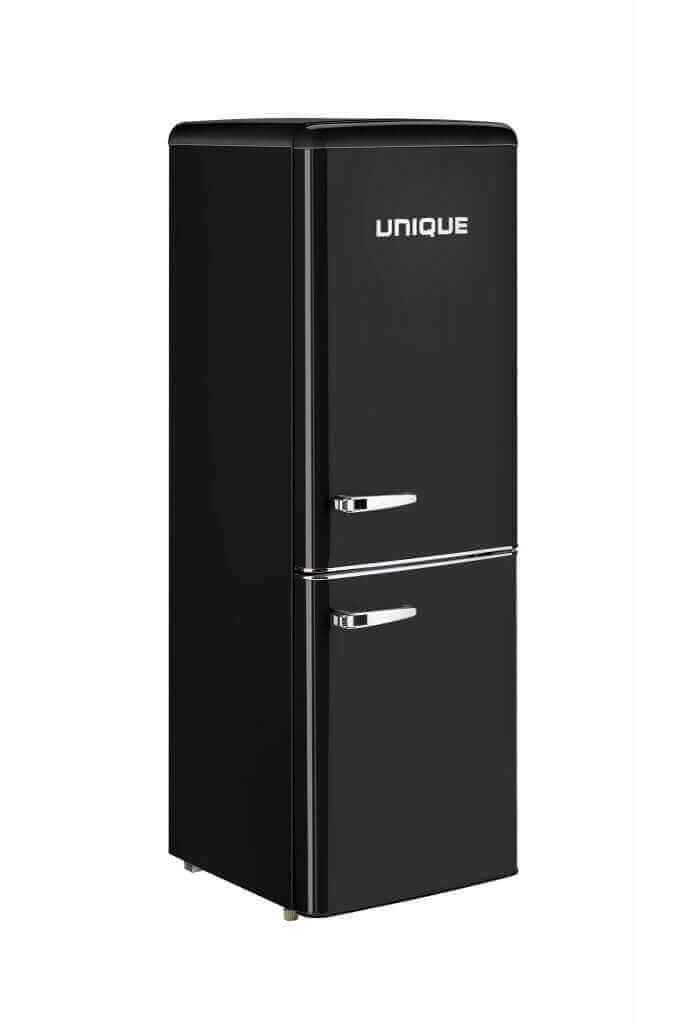 Unique 9 cu/ft retro bottom mount refrigerator in black, AC powered for grid-tied use, stylish vintage design.