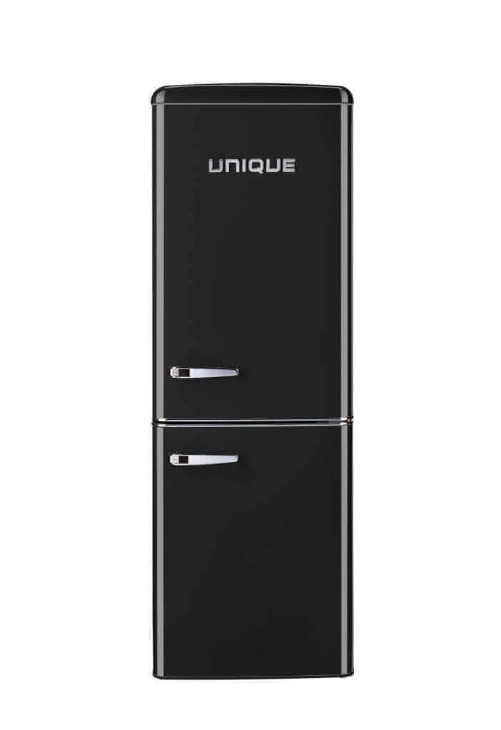 Unique 9 cu/ft Retro AC Bottom Mount Refrigerator in black with sleek design for grid-tied homes.