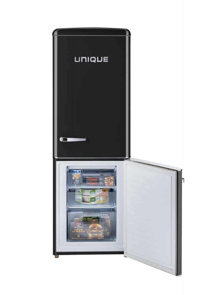 Retro 9 cu/ft Unique refrigerator, bottom mount freezer open, black finish, energy-efficient for grid-tied applications.