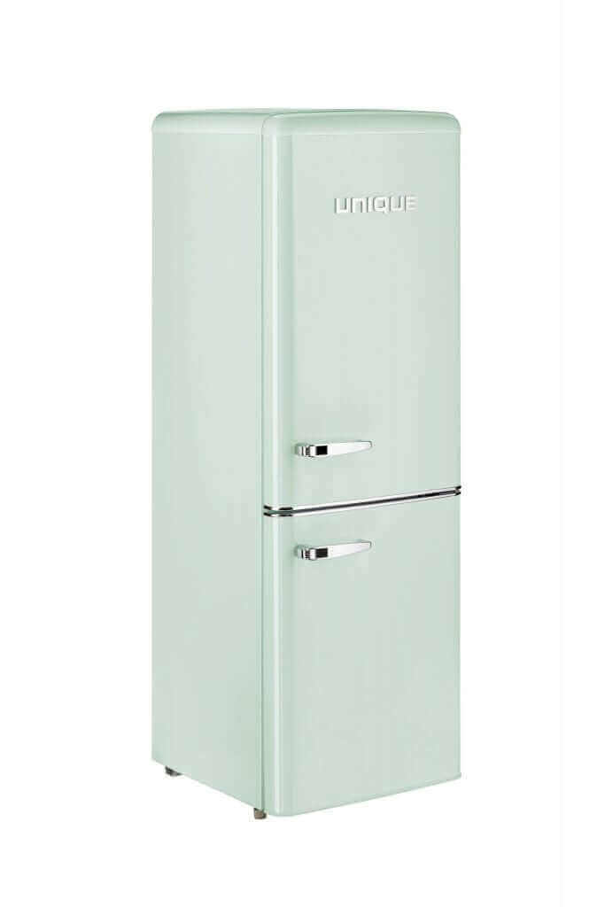 Unique 9 cu/ft Retro AC Bottom Mount Refrigerator in mint green design, energy-efficient for grid-tied homes.