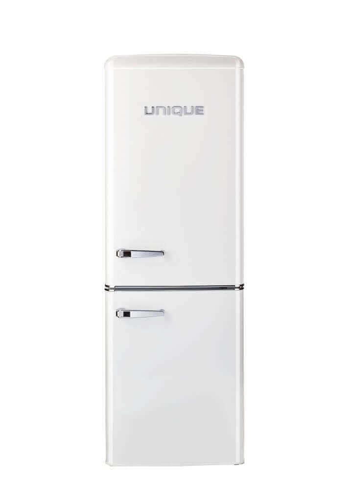 Unique 9 cu/ft retro bottom mount refrigerator in white with AC power for grid use.