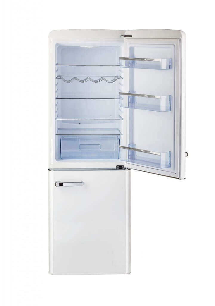 Unique 9 cu/ft Retro AC Bottom Mount Refrigerator with open door showing interior storage compartments.