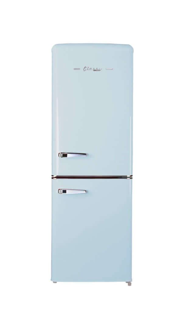 Retro-style bottom mount refrigerator in light blue, 9 cu/ft capacity, ideal for grid-tied and off-grid applications with inverter.