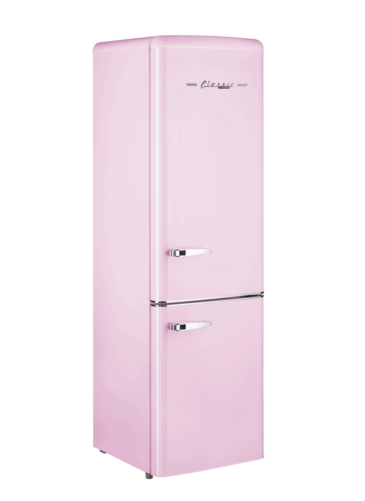 Pink retro bottom mount refrigerator with chrome handles, 9 cu/ft capacity, classic vintage style for grid-tied homes.