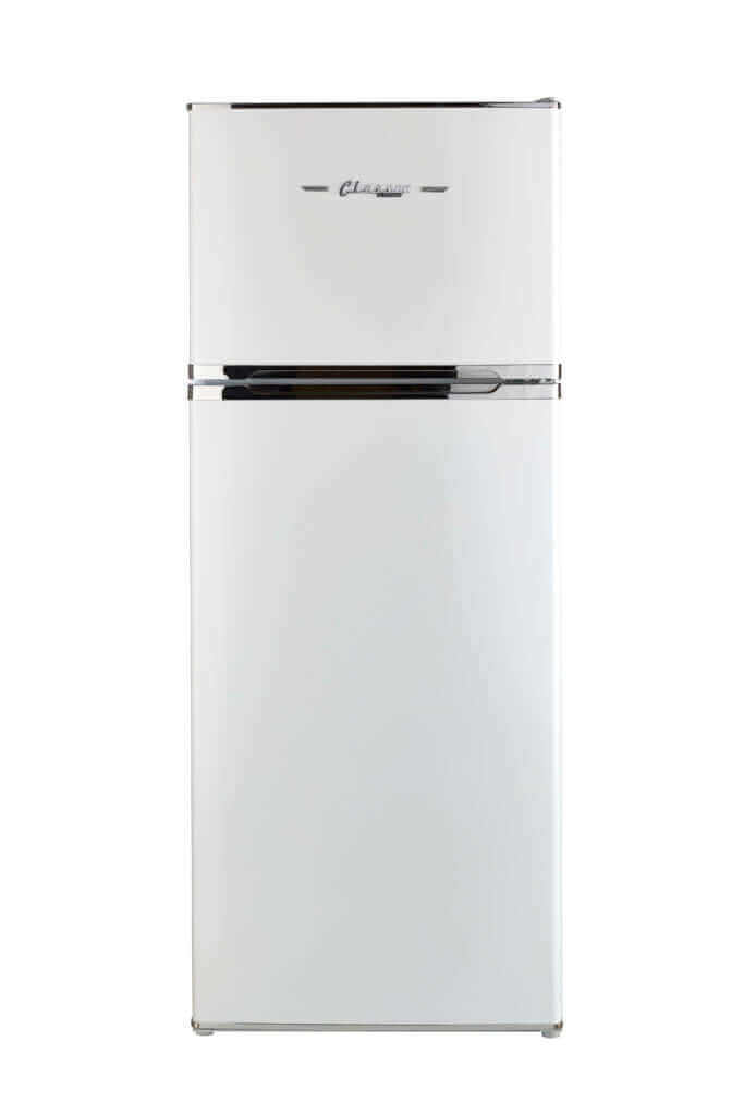 Classic Retro 14.0 cu/ft Solar/DC Fridge with mid-century modern design and chrome accents for off-grid living.