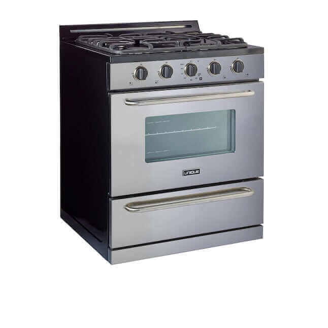 30" Stainless Steel Propane Range with Battery Ignition, Off-Grid Design, Cast-Iron Grates, and Sealed Burners.