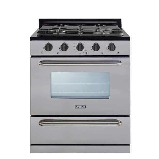 30" Stainless Steel Propane Range with battery ignition and cast-iron grates, perfect for off-grid kitchens.