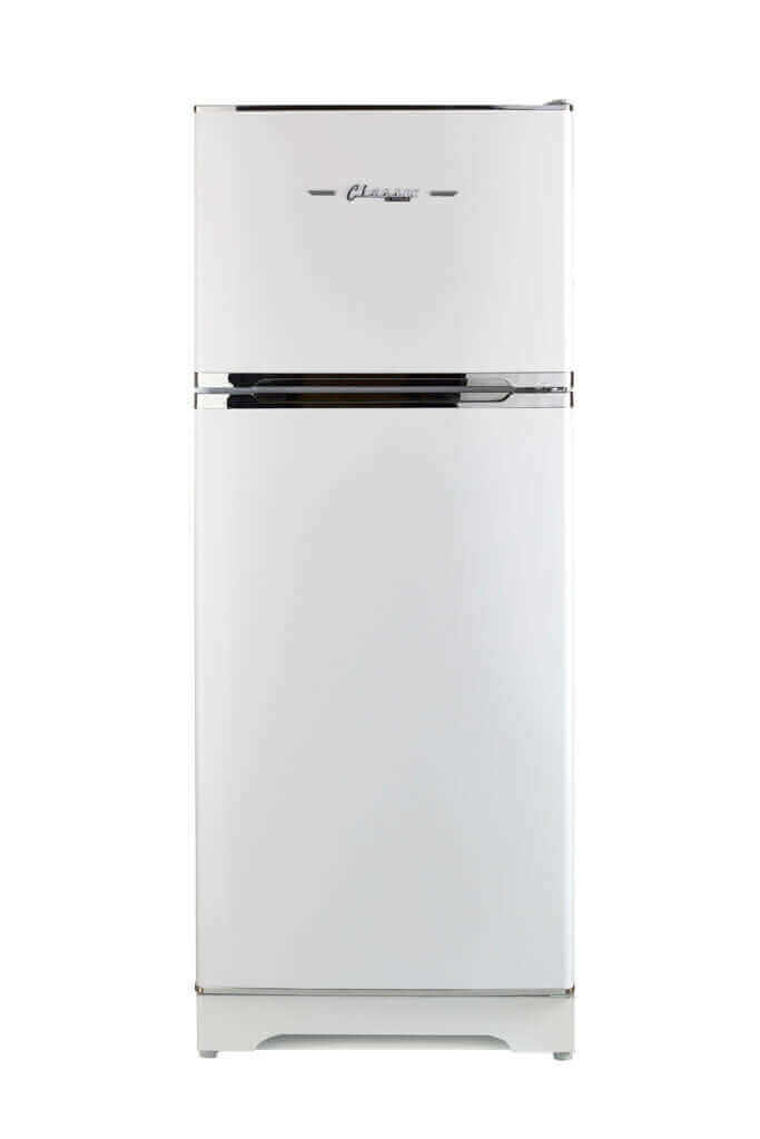 Classic Retro by Unique 14 cu/ft propane fridge with mid-century modern design and chrome accents for off-grid living