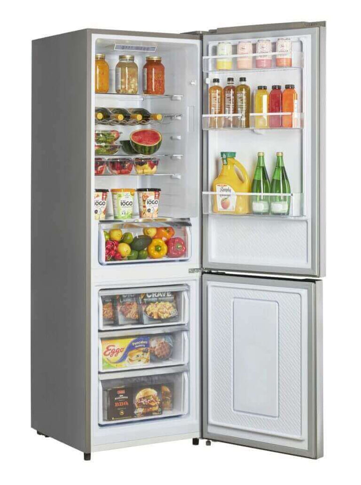 Unique Prestige 12 cu. ft. electric bottom-mount refrigerator open with stocked shelves and bottom freezer.