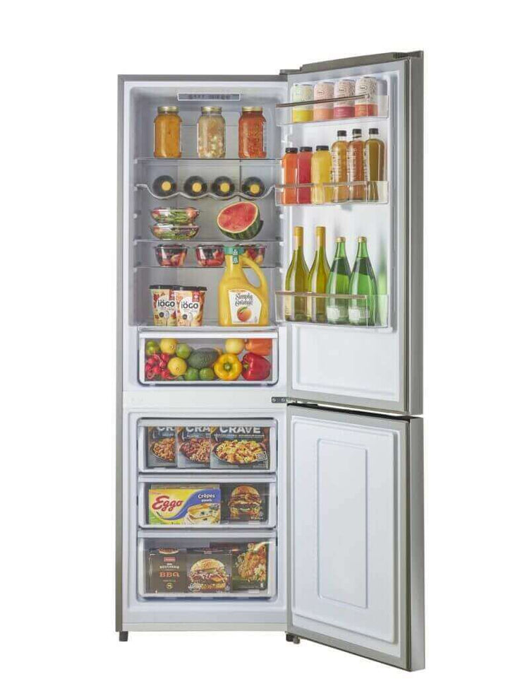 Open Unique Prestige 12 cu. ft. electric refrigerator with bottom freezer, showcasing organized food and drinks. Frost-free modern design.