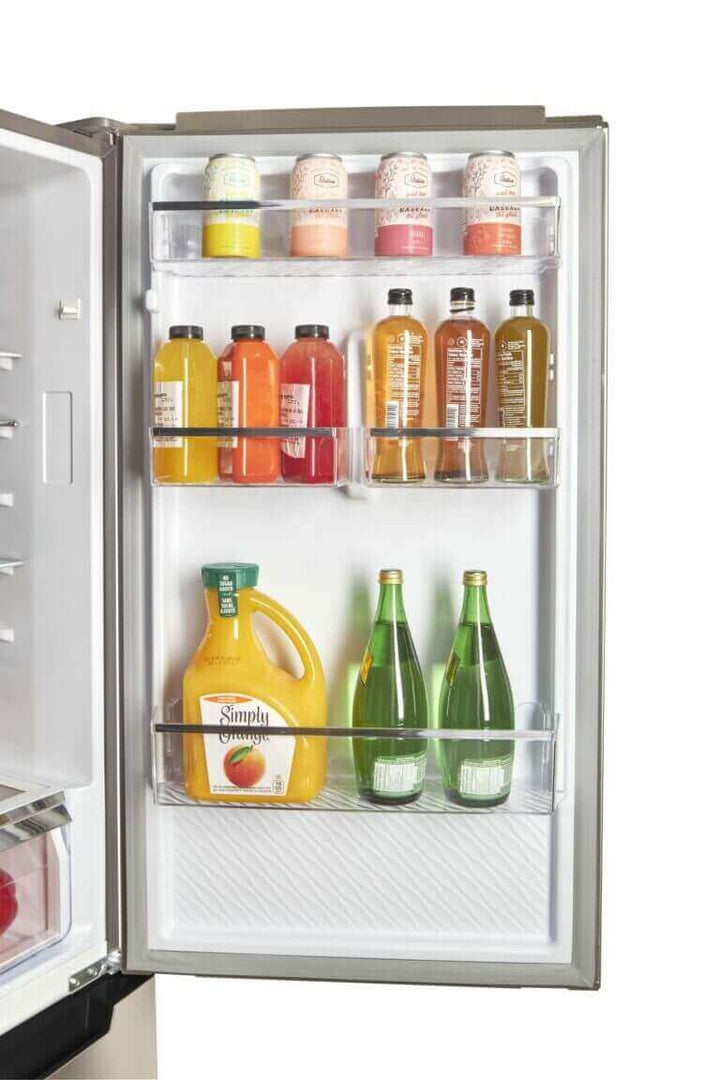 Open fridge door showing organized beverages inside a modern bottom-mount refrigerator.