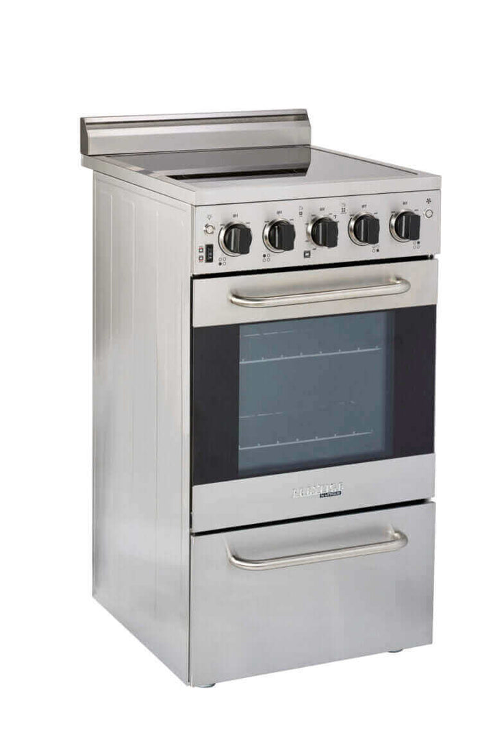 Unique Prestige 20" stainless convection electric range with smooth glass cooktop and four elements for searing and simmering.