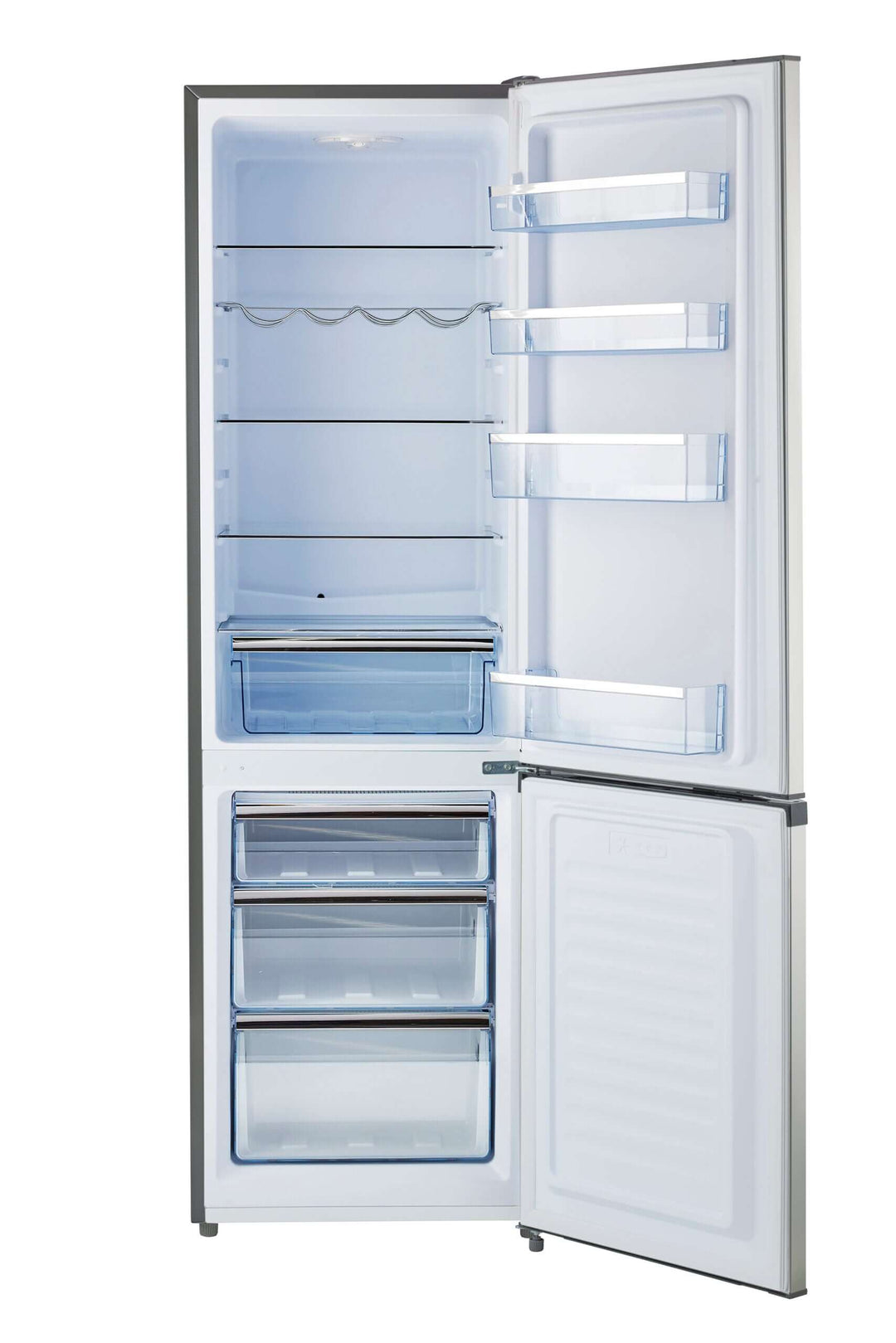 Unique Prestige 9 cu. ft. electric bottom-mount refrigerator with open doors showing spacious shelving and freezer compartments.