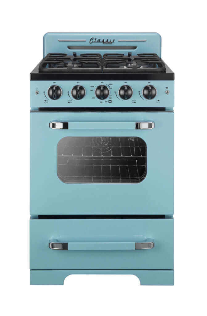 Classic Retro 24" Convection Gas Range in blue with vintage design and modern features by Unique.