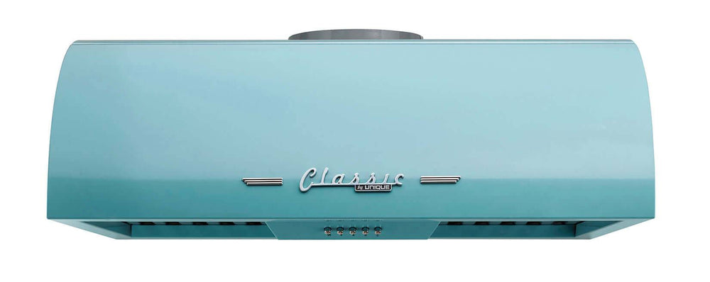 Classic Retro Unique 24" Range Hood in blue with 50s design, powerful motor, and LED lights for vintage kitchens.