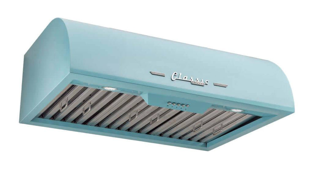 Classic Retro by Unique 30" range hood in blue with chrome accents and LED lights, featuring a 1950s design and powerful ventilation.