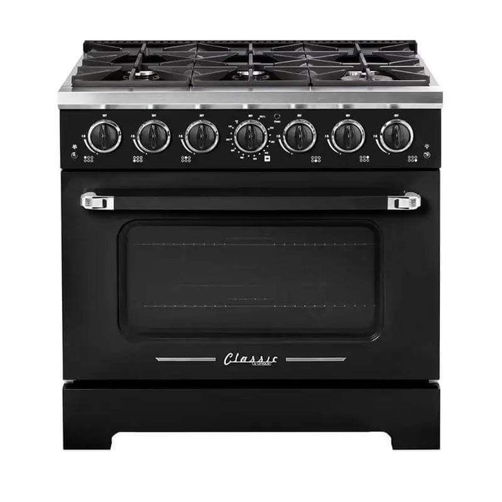 Classic Retro 36” Pro Convection Gas Range with Chrome Accents and Zinc Handles, Featuring Electronic Ignition and Retro Design.