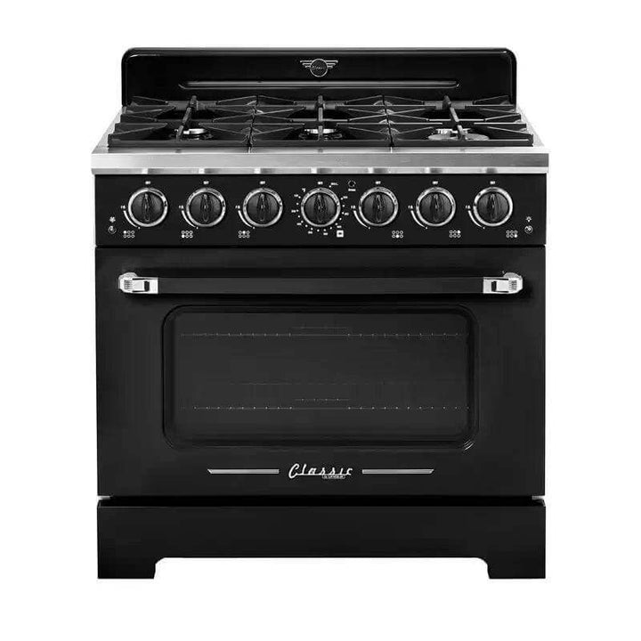 Retro style 36” pro convection gas range with chrome accents and zinc cast handles by Unique, ideal for a vintage-inspired kitchen.