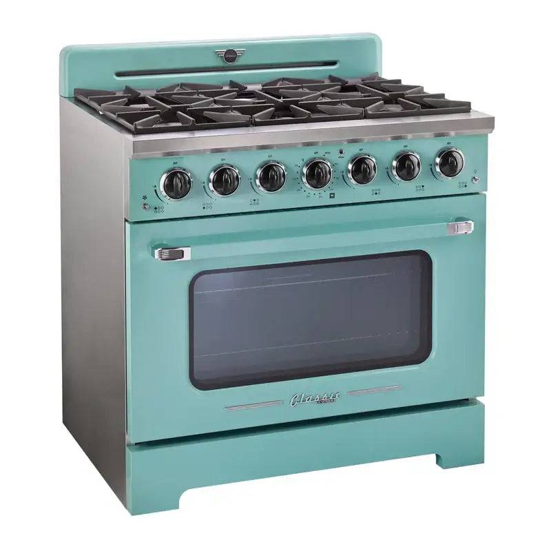 Unique Classic Retro 36” Pro Convection Gas Range in teal with chrome accents and zinc cast handles, 1950s-inspired design