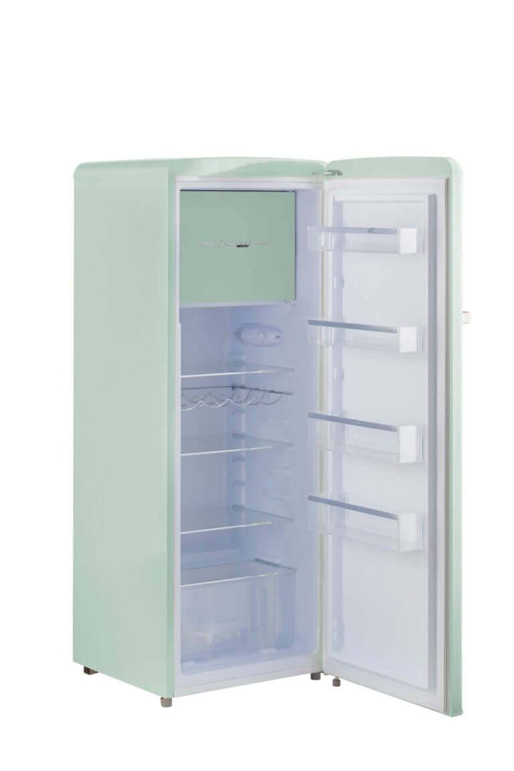 Open retro-style single door refrigerator with freezer showcasing chrome accents and spacious interior shelves.