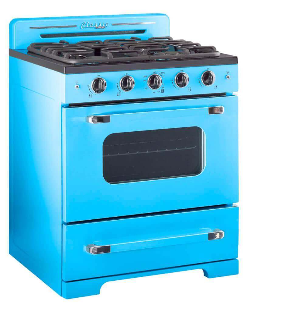 Retro blue 30" convection gas range with electronic ignition and chrome accents, featuring classic '50s design and modern functionality.