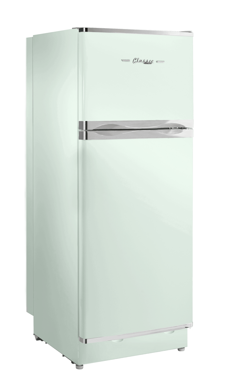 Light green retro propane fridge with chrome accents, ideal for off-grid kitchens, featuring a 10 cu. ft. capacity and classic design.