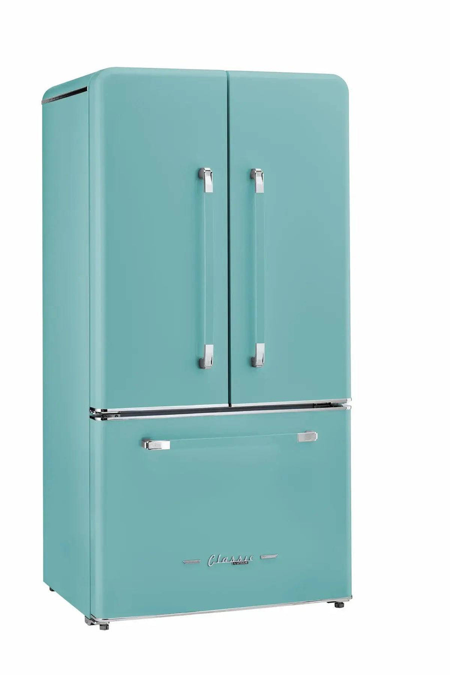 Retro turquoise French door refrigerator, stylish and energy-efficient 21.4 cu.ft. design with frost-free technology.