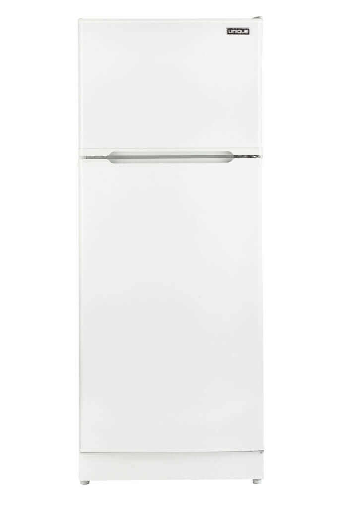 Unique 14 CU/FT propane fridge with modern design, featuring adjustable glass shelves and spacious freezer for family use.