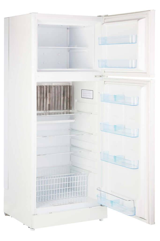 Unique 14 CU/FT propane fridge with open doors showing adjustable glass shelves and ample storage space.